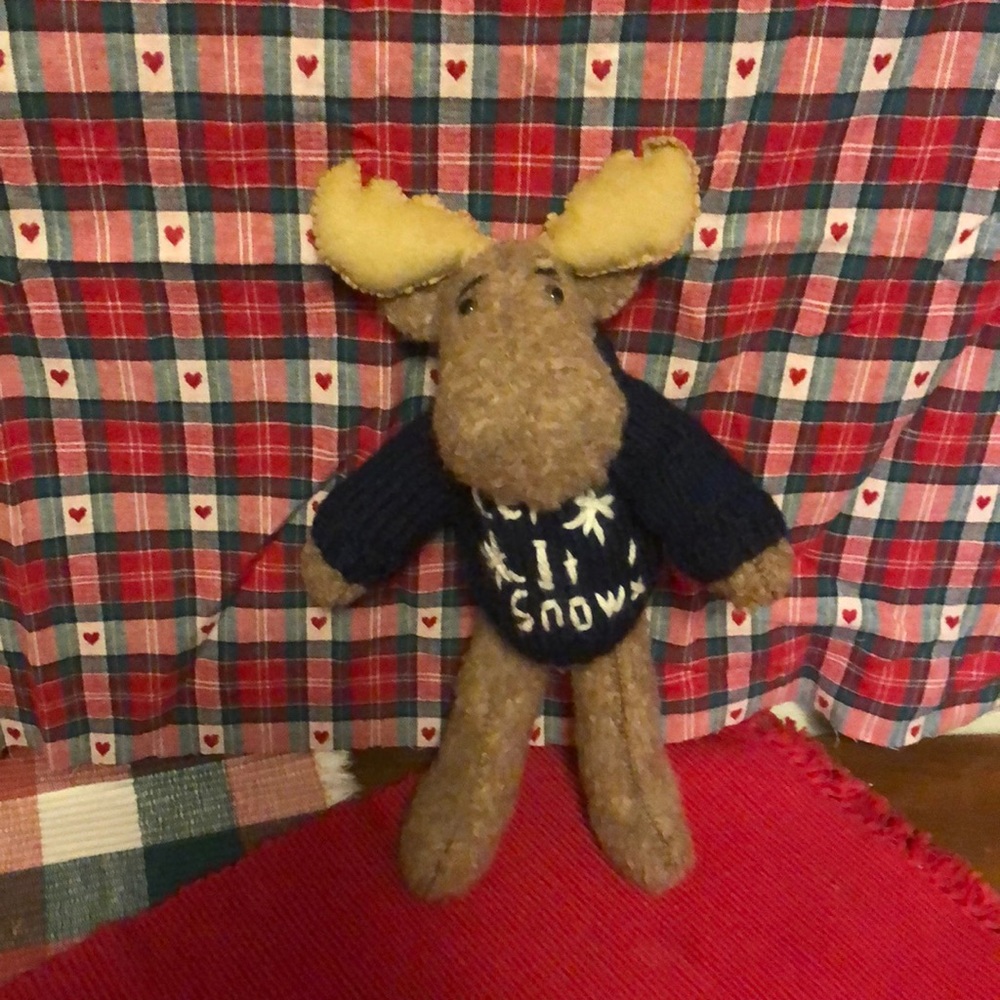 Hand crafted/sewn stuffed moose w/ sweater
